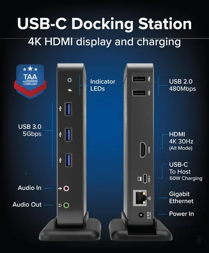 Miniatura 2 de Plugable Base USB-C con HDMI 4K y carga de 60 W, compatible con MacBook Neo, Thunderbolt 3/4, USB 4 y USB-C macOS, Windows y Chromebook, Ethernet