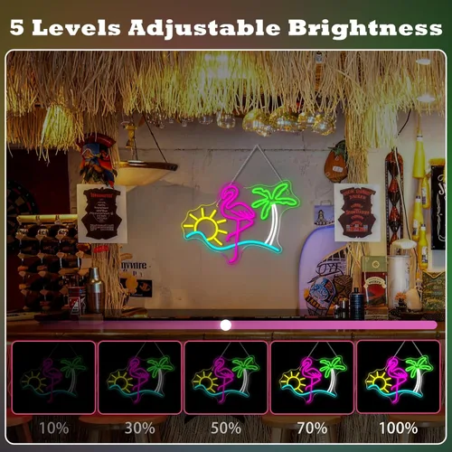 Miniatura 5 de Letreros de neón de flamenco, sol y palmera para decoración de pared, divertido letrero de luz de neón LED regulable, alimentado por USB, para bar