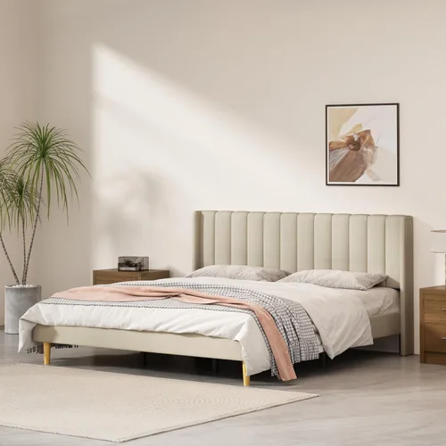 Miniatura 46 de Base de cama Queen con cabecero, base de cama de plataforma con respaldo de terciopelo vertical copetudo, soporte de listones de madera, no necesita