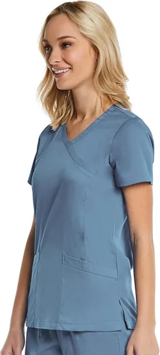 Miniatura 3 de Mock Wrap Scrub Top para las mujeres 2 bolsillos 4-Way Stretch para Medical Dental Spa EL9115