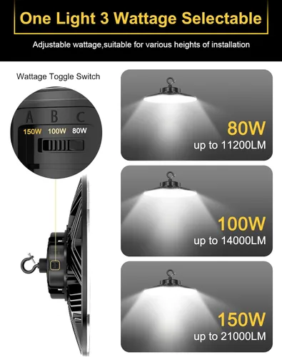Miniatura 2 de Luz LED UFO de alta bahía, 150W/100W/80W ajustable, 3000K/4000K/5000K ajustable, UL listado 21000LM 0-10V regulable IP65 impermeable alta Bahía