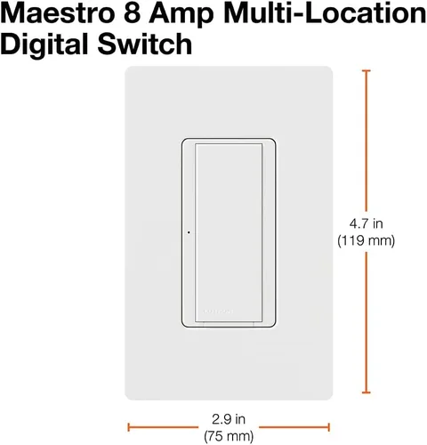 Miniatura 5 de Lutron Maestro MA-S8AM-WH, interruptor digital, 8 A, un solo polo/ubicación múltiple, color blanco