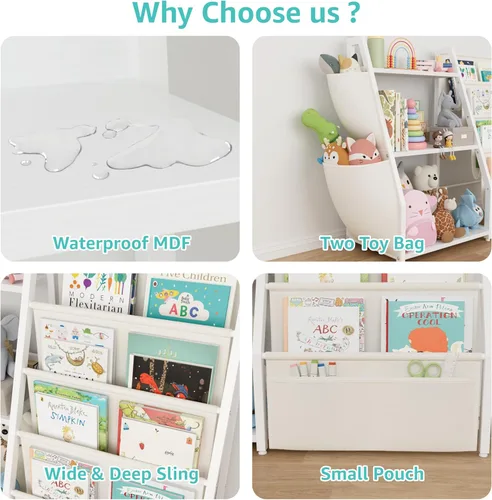 Miniatura 4 de Estantería para niños y almacenamiento de juguetes, organizador de juguetes con estante para libros de 3 niveles, estantería pequeña con eslinga