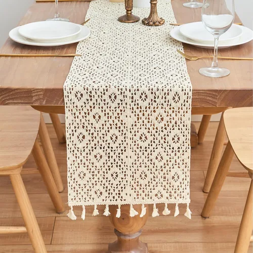 Miniatura 12 de Gemseek Camino de Mesa de Crochet de Algodón Boho de 60 Pulgadas, Camino de Mesa de Encaje Macramé Bohemio Beige Vintage para Cocina Mesa de Café