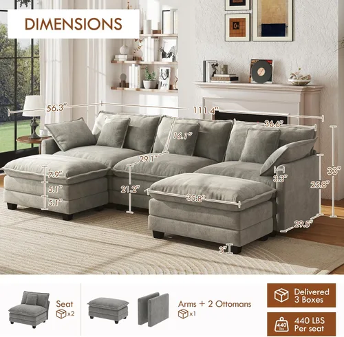 Miniatura 2 de WorthFurni Sofá Seccional Modular de 111.4", Sofá de Nube en Forma de U con 2 Otomanas Móviles, Cómodo Sofá de Chenille de Asiento Profundo