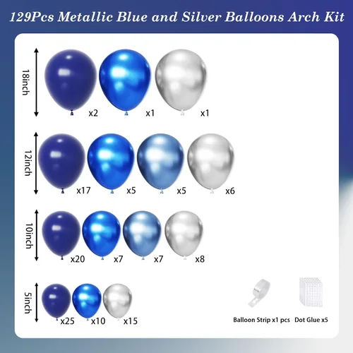 Miniatura 2 de Kit de arco de globos azules y plateados, 129 globos azul marino metálico de diferentes tamaños para decoraciones de fiestas de cumpleaños