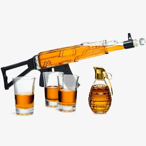 Miniatura 5 de Juego de regalo de decantador de whisky de pistola, 25 onzas con tres vasos de chupito de 3 onzas + botella de granada, ideas únicas de cumpleaños