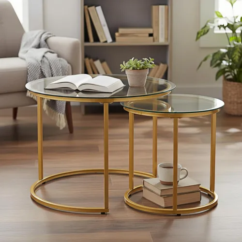 Miniatura 10 de Juego de 2 mesas de centro redondas anidadas, mesas anidables de madera con patrón de mármol moderno, mesa auxiliar apilable minimalista para sala