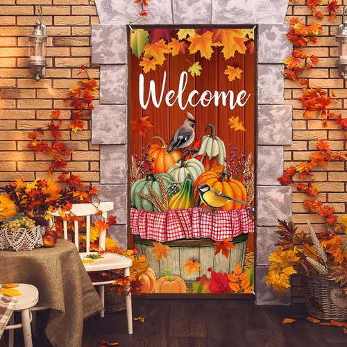 Miniatura 3 de Cartel de puerta de Acción de Gracias, decoración grande para puerta de otoño, pájaro, calabaza, telón de fondo, suministros de fiesta para cosecha