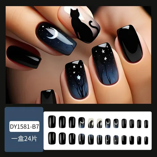 Miniatura 2 de Uñas postizas a presión de Halloween, uñas postizas cuadradas cortas con diseños de gato negro, acabado degradado brillante, cobertura completa