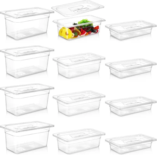 Tioncy 12 sartenes transparentes de tamaño 1/3 con tapas, recipientes apilables de plástico para ensaladas, almacenamiento comercial de alimentos,