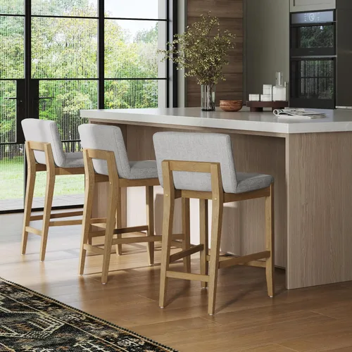 Miniatura 25 de Nathan James - Gracie - Moderno taburete alto con respaldo, silla alta tapizada con lino texturizado natural y patas de madera cepillada - Marrón