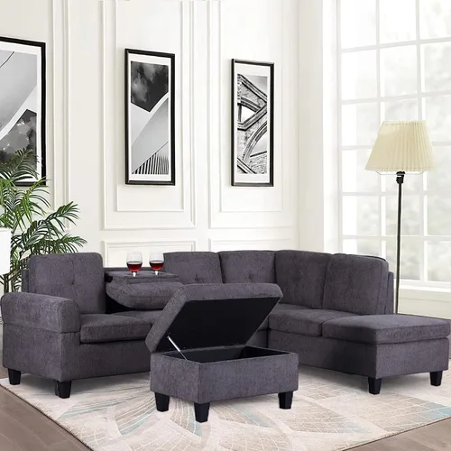 Miniatura 8 de EMKK Sofá modular de 3 piezas, juego de muebles de sala de estar, sofá esquinero tapizado de 5 plazas en forma de L, 1 diván gris oscuro