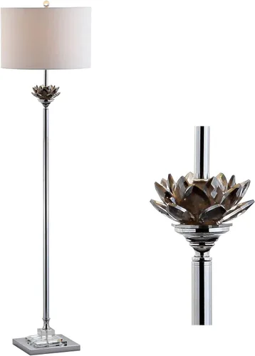 JONATHAN Y Lámpara de pie LED cromada y cristal gris ahumado de 59 pulgadas, lámpara de pie contemporánea con pantalla de tambor de lino blanco para