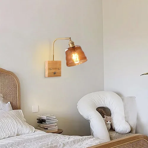 Miniatura 3 de LED Wall Sconce Nordic Modern Brass Bedside Retro Industry Hammered Glass Lamp Shade Green Hallway Lighting Mid Century Wood Mount Light Home Decor