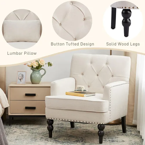 Miniatura 6 de HUIMO Silla de Club Acolchada, Silla de Acento con Almohada Lumbar, Sillón Tapizado con Botones, Sillas de Sofá de Tela de Lino para Dormitorio