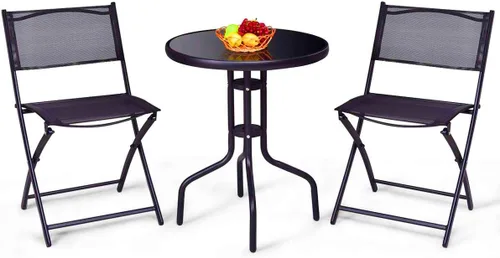 Miniatura 10 de S AFSTAR Juego de muebles de comedor de 3 piezas, mesa redonda de vidrio texturizado con agujero para paraguas, juego de conversación al aire libre