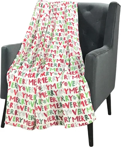 Miniatura 23 de Manta de Forro Polar para las Fiestas Navideñas: Corona Tradicional de Decoración del Hogar con Saludos Cheers Merry Peace Joy sobre Fondo Beige
