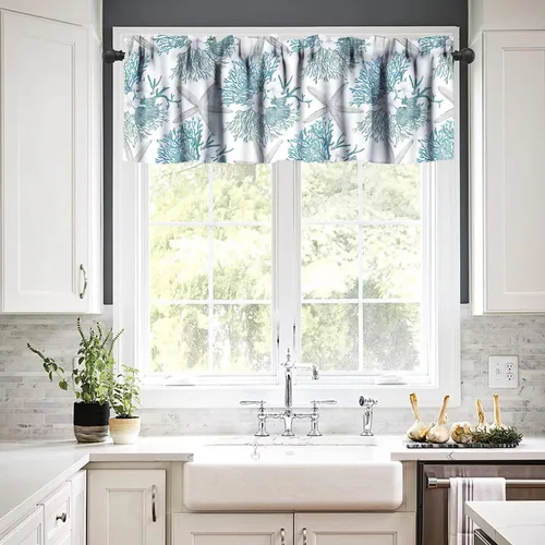 Miniatura 3 de JESTRONRY Cenefa de ventana con diseño de estrella de mar, diseño tropical de conchas marinas oceánicas, cenefa de cortina para decoración de cocina