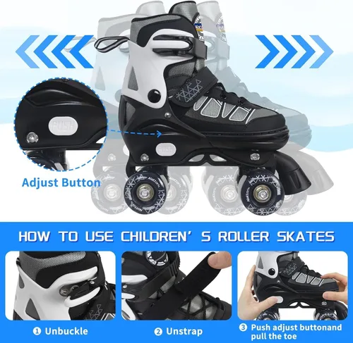 Miniatura 4 de Nattork Patines de ruedas para niños y niñas, 4 tamaños ajustables con ruedas iluminadas para niños principiantes para interiores y exteriores Negro