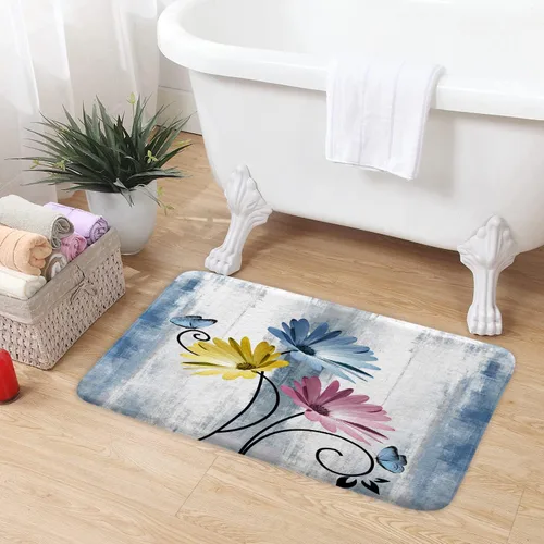 Miniatura 3 de Alfombra de baño rústica de granja, granja Blove floral, flores y mariposas, alfombra de baño de madera para baño, alfombra de baño suave