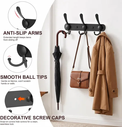 Miniatura 3 de YUNISS Perchero montado en la pared, 3 ganchos triangulares de acero inoxidable para abrigos, sombreros, batas, toallas en recibidor y entrada Negro