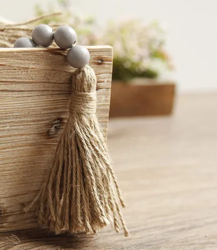Miniatura 5 de Guirnalda de cuentas de madera de 58 pulgadas con borlas, decoración rústica de granja, decoración de oración bohemia para colgar en la pared (gris)