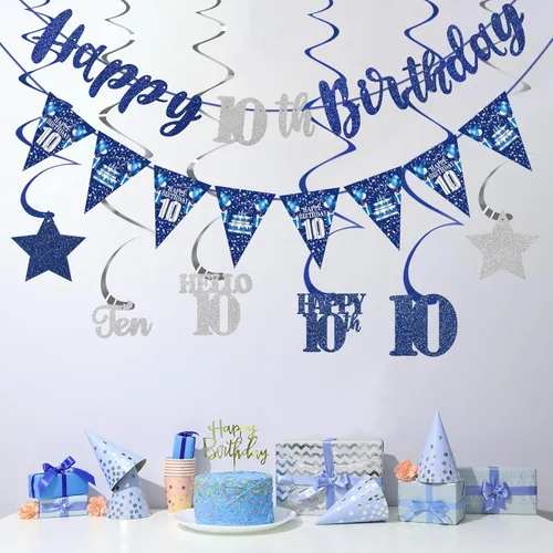 Miniatura 4 de Decoración de cumpleaños número 10 azul y plateado para niños y niñas, cartel de feliz cumpleaños número 10, estrellas de diez años, espirales