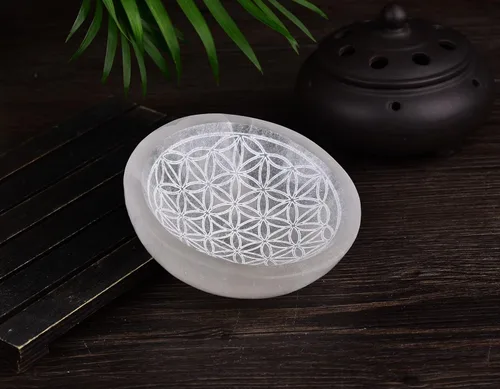 Miniatura 5 de AMOYSTONE Cuenco redondo de carga de selenita para piedras de cristal, 4 pulgadas, patrón de grabado de flor de la vida, 1, decoración del hogar