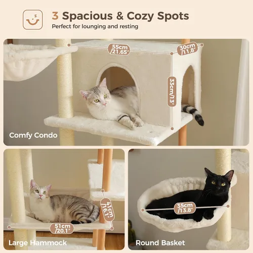 Miniatura 4 de PAWZ Road Árbol Grande para Gatos, Torre de Madera para Gatos de 73 Pulgadas de Alto con 2 Hamacas Espaciosas, 2 Camas Superiores Grandes, 8 Postes