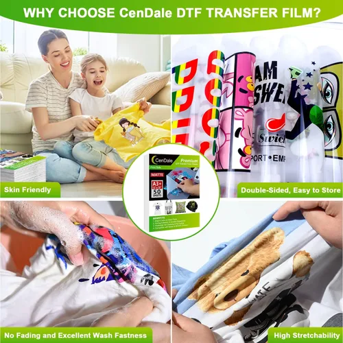 Miniatura 3 de CenDale Película de Transferencia DTF Premium 13"x19" - A3 Plus 50 Hojas de Doble Cara Mate Transparente Pretratadas Hojas PET Papel