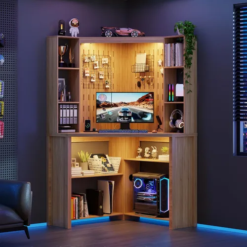 Miniatura 7 de Escritorio esquinero para computadora con luces LED, escritorio de estudio en forma de L con gabinete y estantes, escritorio triangular para oficina