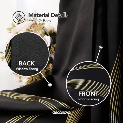 Miniatura 5 de Deconovo - Cortinas opacas con ojales y patrón estampado dorado, Negro/Onda, 52" de ancho x 84" de largo