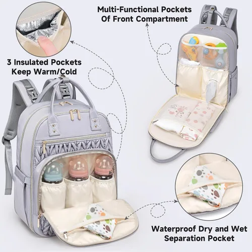 Miniatura 3 de Tealari Mochila para pañales, elegante bolsa de pañales para bebé, mochila impermeable para pañales de viaje, bolsas de bebé con cambiador, correas
