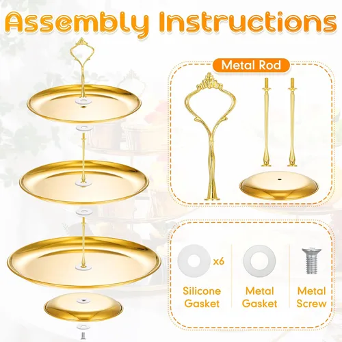 Miniatura 6 de Yaomiao Juego de 2 bandejas doradas de 3 niveles para servir con base de acero inoxidable para cupcakes, soporte para mesa de postre, juego
