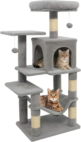 Miniatura 12 de Tangkula Torre de árbol para gatos, torre para gatos de varios niveles de 44 pulgadas con postes rascadores de sisal, condominio de 2 puertas