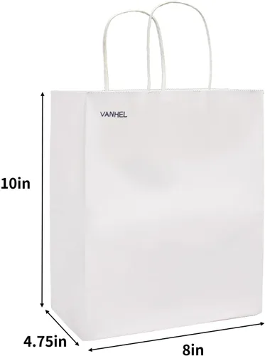 vanhel Bolsas de regalo blancas con asas de 8 x 4.25 x 10.5 pulgadas, 50 unidades, bolsas de papel kraft medianas con asas a granel, bolsas de Blanco