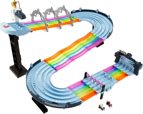 Miniatura 6 de Juego de pista de carreras Hot Wheels Mario Kart Rainbow Road de 8 pies con luces y sonidos y 2 vehículos a escala 1:64, carrera con curso colorido