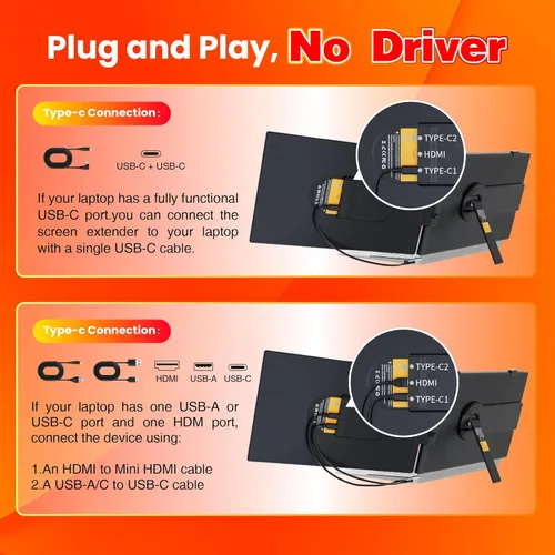 Miniatura 3 de Extensor de pantalla para portátil de 0.27 pulgadas, ultrafino, 14 pulgadas, FHD 1080P IPS, monitor portátil dual, USB-C/HDMI Plug & Play, extensor