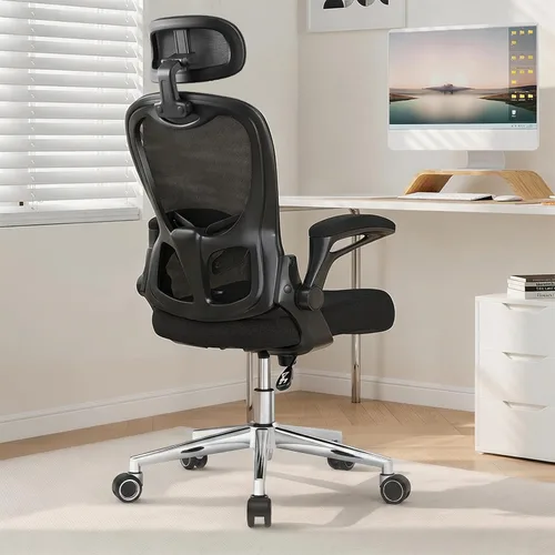 Miniatura 2 de Silla de oficina, malla ergonómica transpirable, brazos abatibles y respaldo alto ajustable, cómoda silla de computadora para oficina en casa Negro