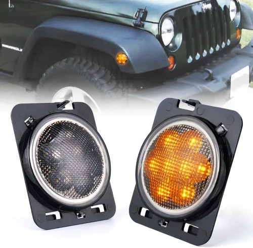 Xprite Conjunto de Luz Marcadora Lateral LED Ámbar Amarilla para Guardabarros Delantero con Lente Ahumada Compatible con Jeep Wrangler JK 2007 2008