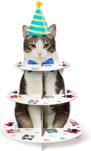 Haooryx Lindo Soporte para Cupcakes de Gato - Torre de Cupcakes de 3 Niveles de Gato Americano de Pelo Corto de Cartón, Soporte para Postres,