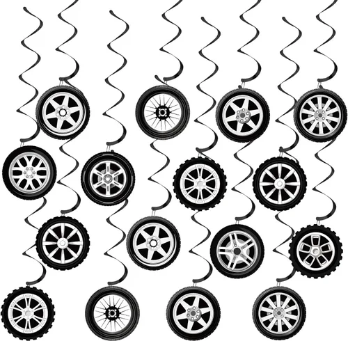 60 piezas de decoración de fiesta de cumpleaños de autos de carreras, adornos colgantes de remolinos de neumáticos de carreras, suministros de
