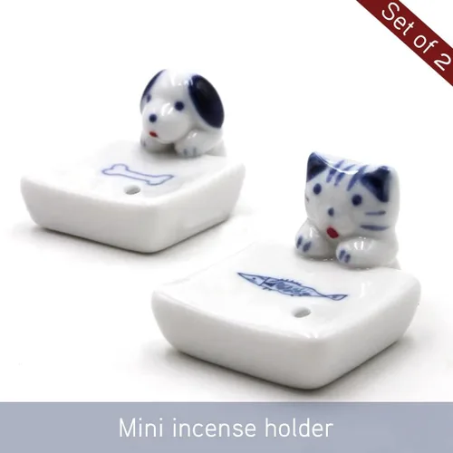 Miniatura 2 de Juego de 2, mini gatito japonés con perro, hecho a mano, de cerámica blanca, soporte para incienso o quemador de incienso, bandeja para decoración