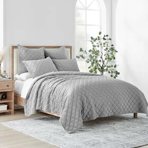 Miniatura 2 de Levtex Home - Juego de colcha de terciopelo gris claro - Edredón tamaño Full/Queen y dos fundas estándar - Terciopelo - Gris claro