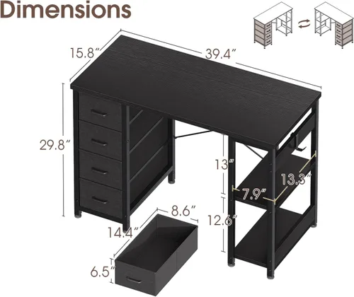 Miniatura 3 de Casaottima Escritorio pequeño de 40 pulgadas para computadora con 4 cajones de tela, moderno escritorio de PC para espacios pequeños, escritorio