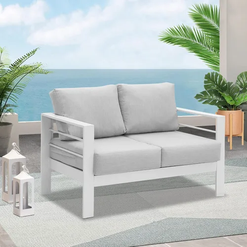 Miniatura 8 de Wisteria Lane - Juego de muebles de patio de aluminio, sofá seccional para todo tipo de clima de 2 plazas, silla de metal blanco con cojines gris