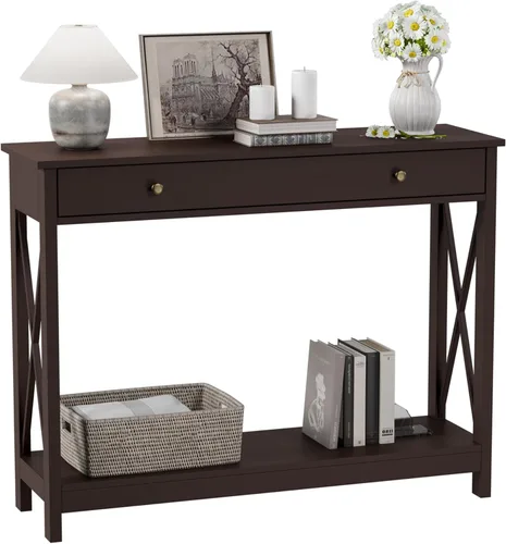 Miniatura 7 de Mesa de consola Treocho Espresso con cajón y estantes de almacenamiento, mesa de sofá estrecha para entrada, sala de estar, pasillo