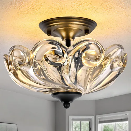Miniatura 11 de Lámpara de techo moderna semiempotrada, 3 luces doradas para cerca del techo con pantalla de vidrio verde para sala de estar, entrada, dormitorio