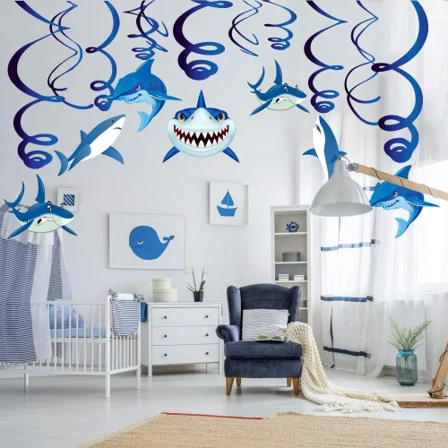 Miniatura 6 de 30 piezas de remolinos colgantes de tiburón, decoración de piscina de verano bajo el mar, decoración de fiesta temática oceánica, suministros
